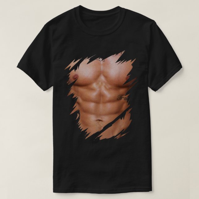 Manar Fake Muscles Ripping Torn Chest Sex Pack Abs T Shirt (Design framsida)
