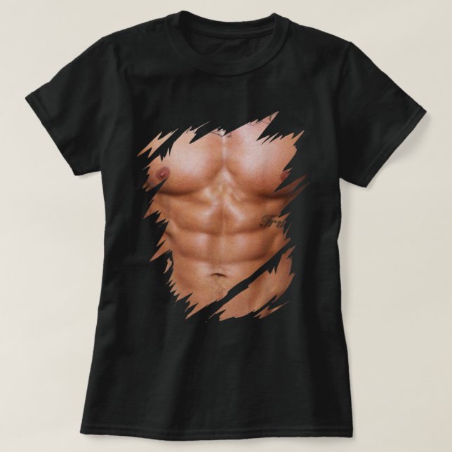 Manar Fake Muscles Ripping Torn Chest Sex Pack Abs T Shirt (Design framsida)