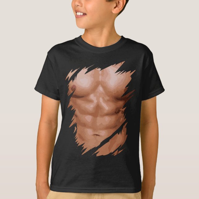 Manar Fake Muscles Ripping Torn Chest Sex Pack Abs T Shirt (Framsida)