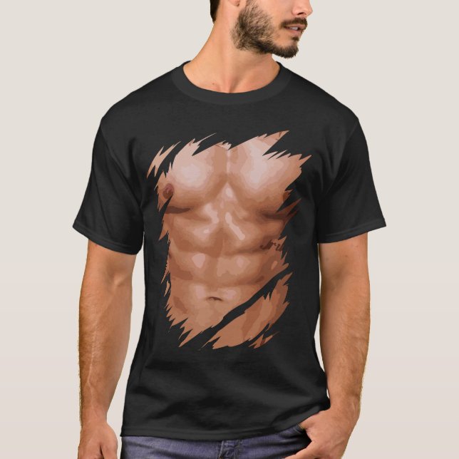 Manar Fake Muscles Ripping Torn Chest Sex Pack Abs T Shirt (Framsida)