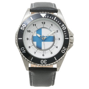 Manar Finland Flagga Black Leather Strap Watch Armbandsur