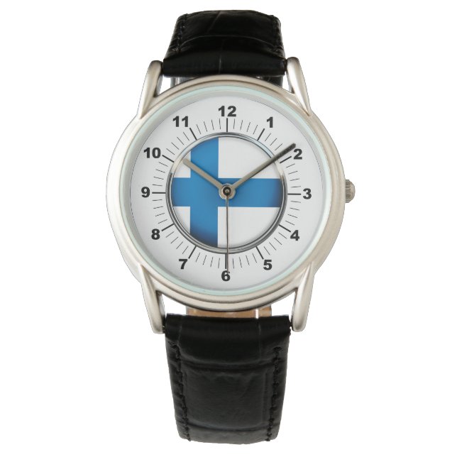 Manar Finland Flagga Krona Black Leather Strap Wat Armbandsur (Framsida)