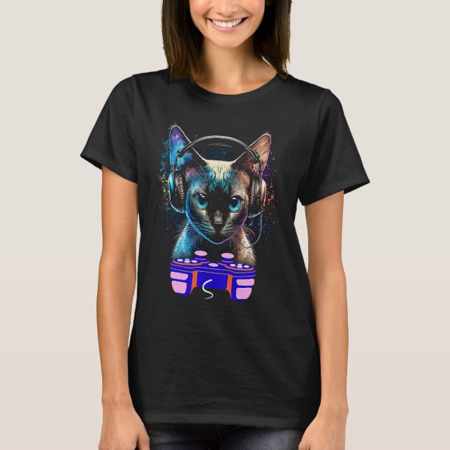 Manar för spel Siamese Cat Player Animal Video Gam T Shirt (Framsida)