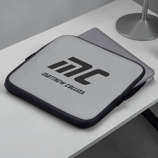 Manar för svartvit Namn--Grått med minimalistisk  Laptop Fodral (Monogram Gray Minimalist Name Black Text Men's Laptop Sleeve)