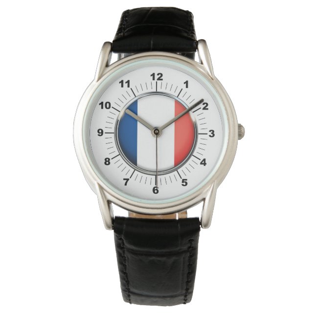 Manar Frankrike Flagga Black Leather Strap Watch Armbandsur (Framsida)