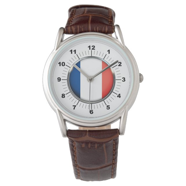 Manar Frankrike Flagga Brown Leather Strap Watch Armbandsur (Framsida)