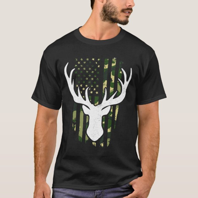 Manar Funny American Flagga Whitetail Elk Hunting  T Shirt (Framsida)