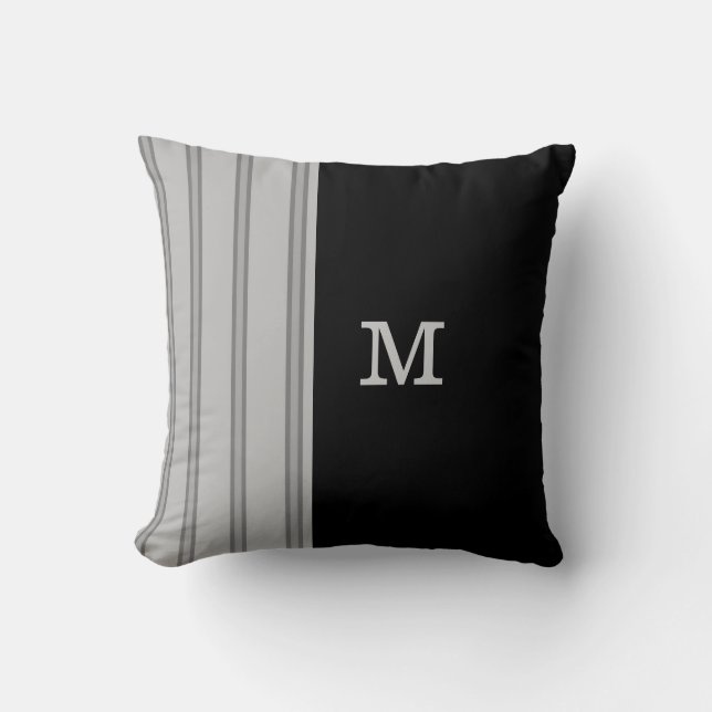 Manar gråa streck på svart- och Monogramalternativ Kudde (Framsida)