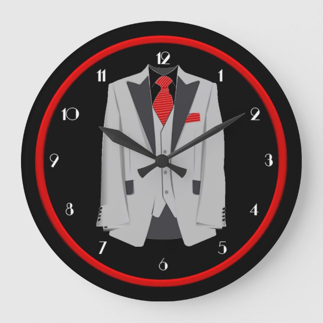 Manar Grått Kostym och Red Tie Wall Clock Stor Klocka (Framsida)