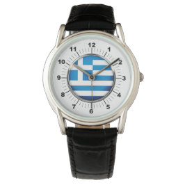 Manar Grekland Flagga Krona Black Leather Strap Wa Armbandsur