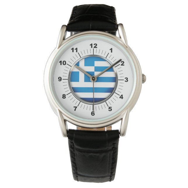 Manar Grekland Flagga Krona Black Leather Strap Wa Armbandsur (Framsida)