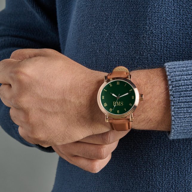 Manar Grönt Guld Monogrammed brunt läderband Armbandsur (Mens Green Gold Monogrammed Brown Leather Strap Watch)