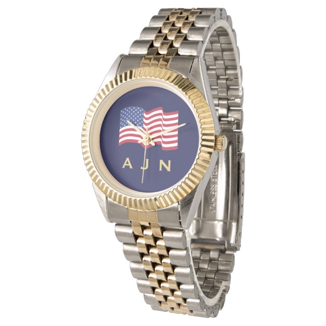 Manar Guld Monogrammed American Flagga Watch Armbandsur (Vinklad)
