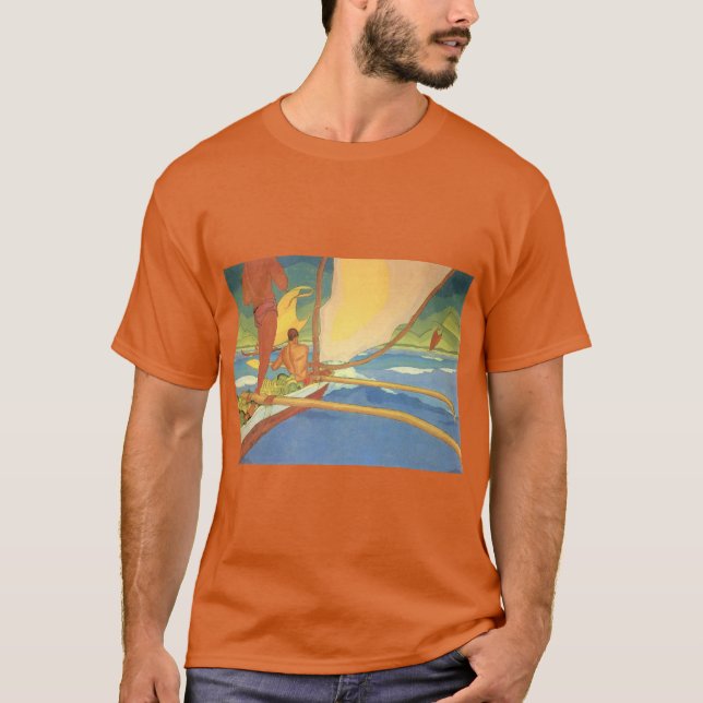 MANAR I EN OUTRIGGER CANOE SOM HÖJS FÖR KORT T SHIRT (Framsida)