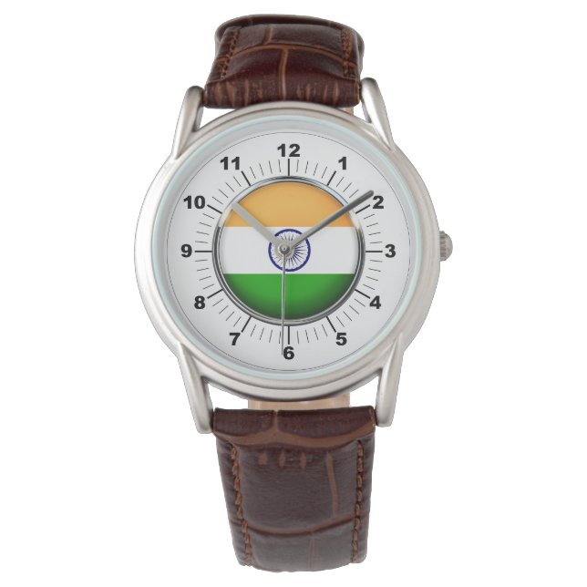 Manar India Flagga Classic Brown Leather Strap Wat Armbandsur (Framsida)