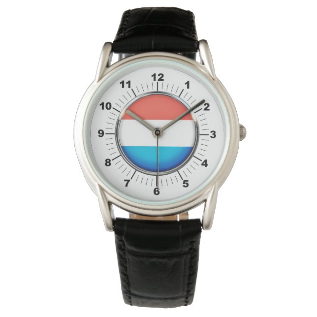 Manar Luxembourg Flagga Black Leather Watch Armbandsur (Framsida)
