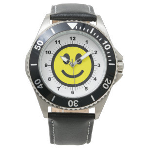 Manar Lycklig Ansikte Black Leather Strap Watch Armbandsur