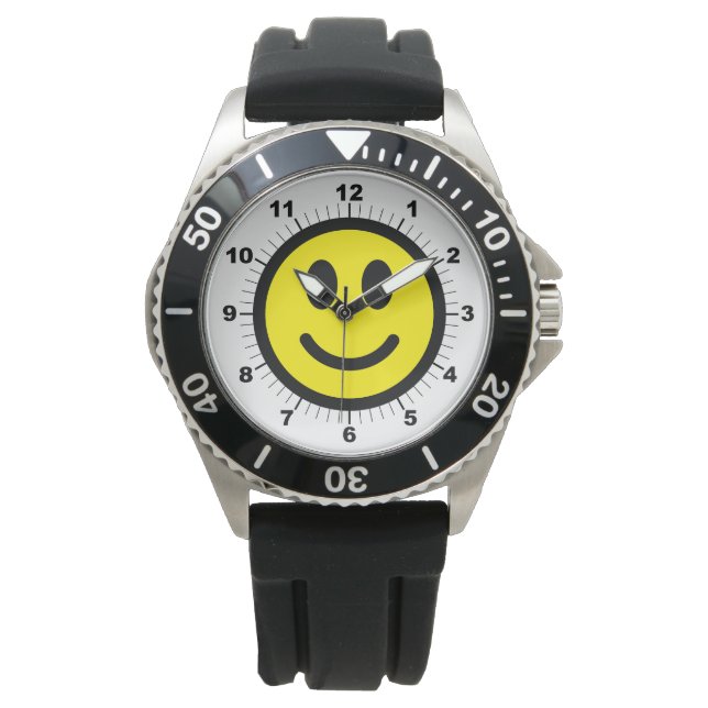 Manar Lycklig Ansikte Black Rubber Strap Armbandsur (Framsida)