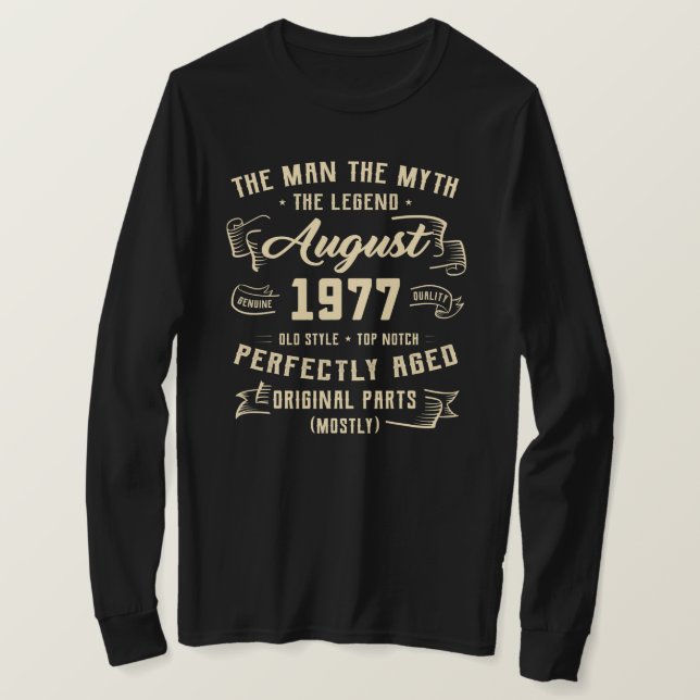 Manar Man Myth Legend augusti 1977 45:e födelsedag T Shirt (Design framsida)