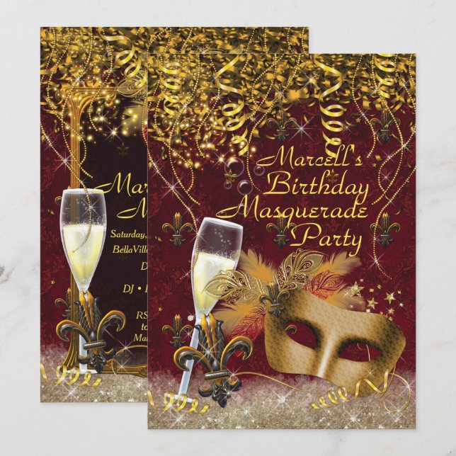 Manar MasqueraMardi Gras Födelsedagsfest Inbjudan (Fram/baksida)