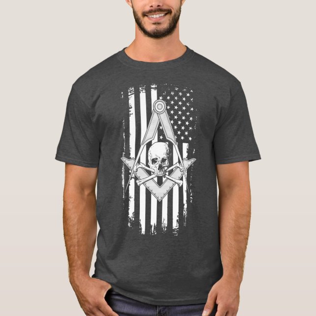 Manar Master Mason American Flagga Masonic Skull T Shirt (Framsida)