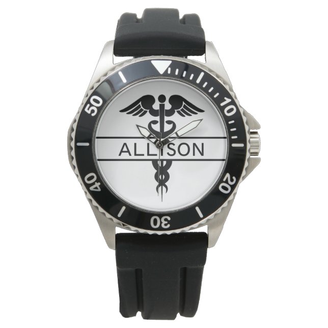 Manar Medical Caduceus Symbol Black Modern Armbandsur (Framsida)