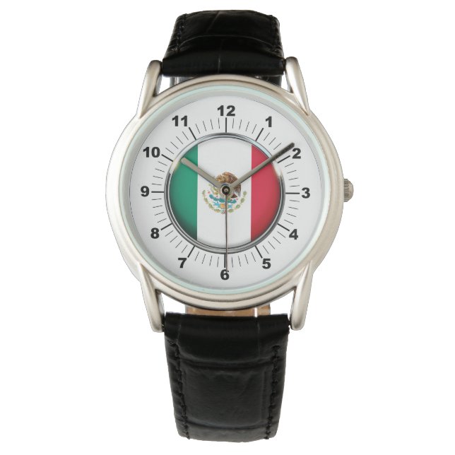 Manar Mexiko Flagga Black Leather Strap Watch Armbandsur (Framsida)