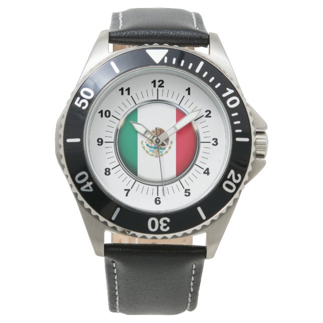 Manar Mexiko Flagga Black Leather Strap Watch Armbandsur (Framsida)