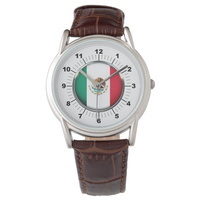 Manar Mexiko Flagga Brown Leather Strap Watch Armbandsur (Framsida)