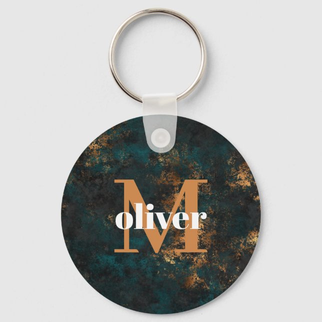 Manar Monogram Guld och Navy Teal Keychain Nyckelring (Framsida)