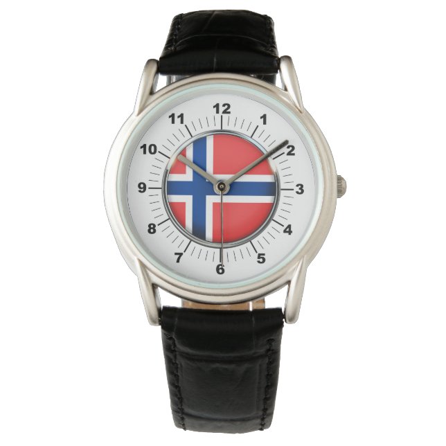 Manar Norge Flagga Black Leather Strap Watch Armbandsur (Framsida)