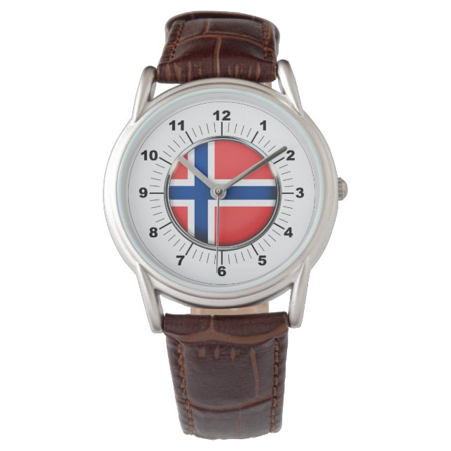Manar Norge Flagga Classic Brown Leather Watch Armbandsur (Framsida)