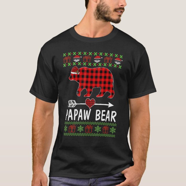Manar Papaw Bear Santa Red Plade Familj Pajamas fö T Shirt (Framsida)