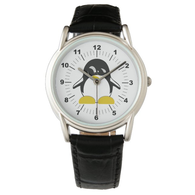 Manar Penguin Black Leather Strap Watch Armbandsur (Framsida)