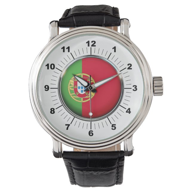 Manar Portugal Flagga Black Leather Strap Watch Armbandsur (Framsida)