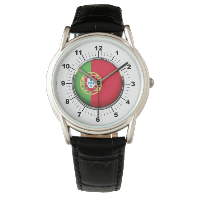 Manar Portugal Flagga Krona Black Leather Watch Armbandsur (Framsida)