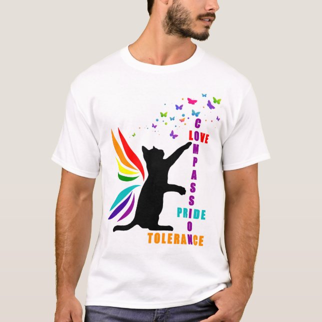 Manar Rainbow Pride Cat and Butterfly T-Shirt (Framsida)