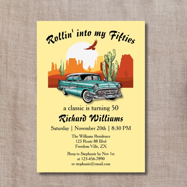Manar Retro Classic Blue Car Desert 50:e födelseda Inbjudningar (Skapare uppladdad)