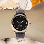 Manar Ro Guld Vintage  Inledande svart läderband Armbandsur<br><div class="desc">Skapa din egen anpassningsbar, personlig, elegant snyggt coola för unik klassintid faux guld och svart tid, monogrammad, manar ro guld-retro vintage ser ut som stil svart läderbandur. Skriv bara in ditt namn / monogram / initialer om du vill anpassa. Gör en underbar gåva till födelsedag, studenten, fars dag, julklappar, helgdagar,...</div>