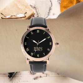 Manar Ro Guld Vintage  Inledande svart läderband Armbandsur