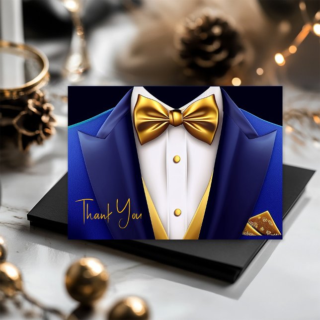 Manar Royal Blue Guld Tuxedo-Födelsedagsfest Tack Kort (Mens royal blue and gold thank you card. Add your printed message, or leave blank for hand written.)