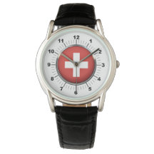Manar Schweiz Flagga Black Leather Strap Watch