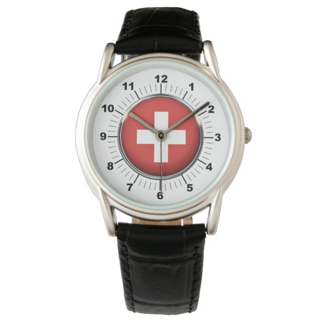 Manar Schweiz Flagga Black Leather Strap Watch Armbandsur (Framsida)