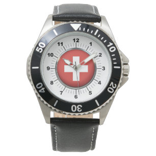 Manar Schweiz Flagga Black Leather Strap Watch Armbandsur