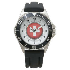 Manar Schweiz Flagga Black Rubber Strap Watch Armbandsur