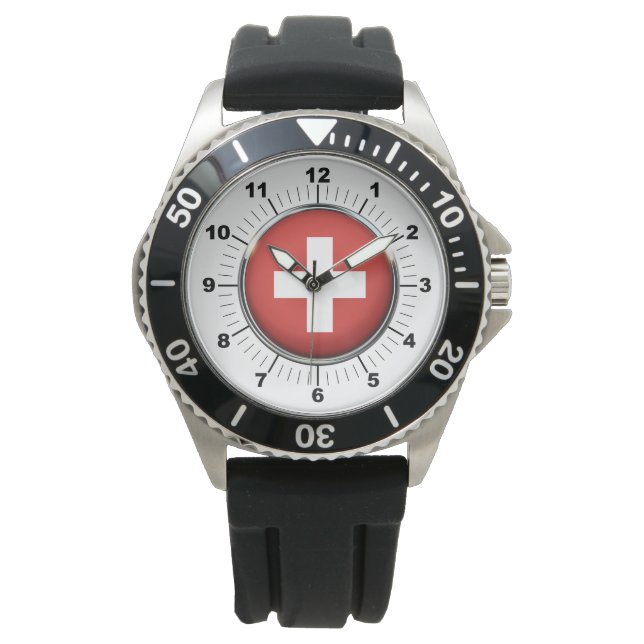 Manar Schweiz Flagga Black Rubber Strap Watch Armbandsur (Framsida)
