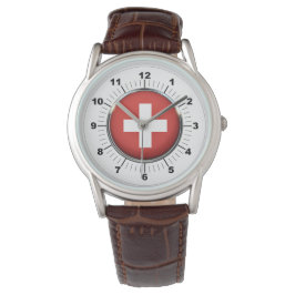 Manar Schweiz Flagga Classic Brown Leather Watch Armbandsur