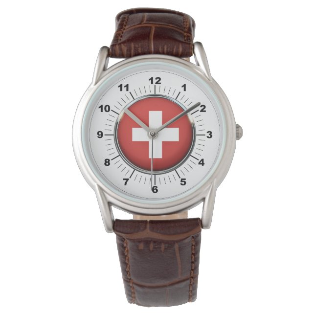 Manar Schweiz Flagga Classic Brown Leather Watch Armbandsur (Framsida)