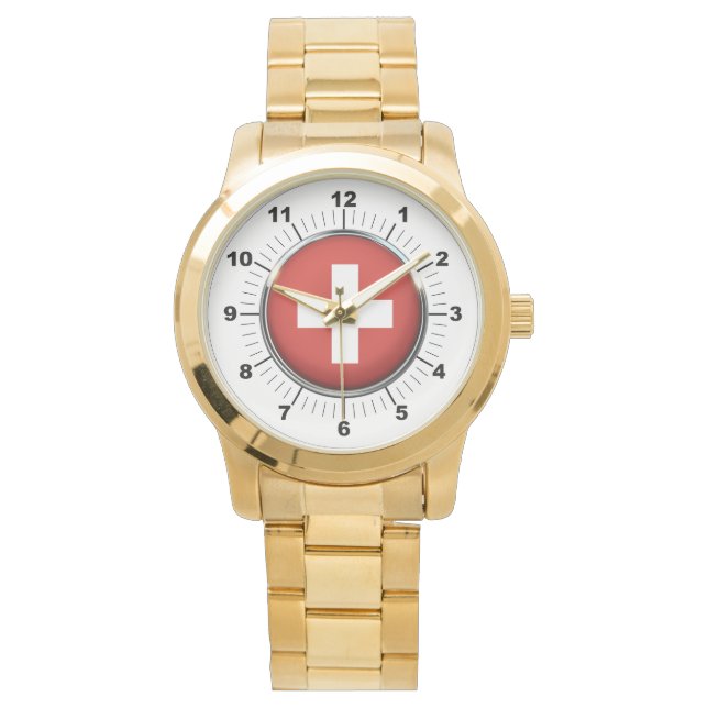 Manar Schweiz Flagga Oversized Guld Watch Armbandsur (Framsida)