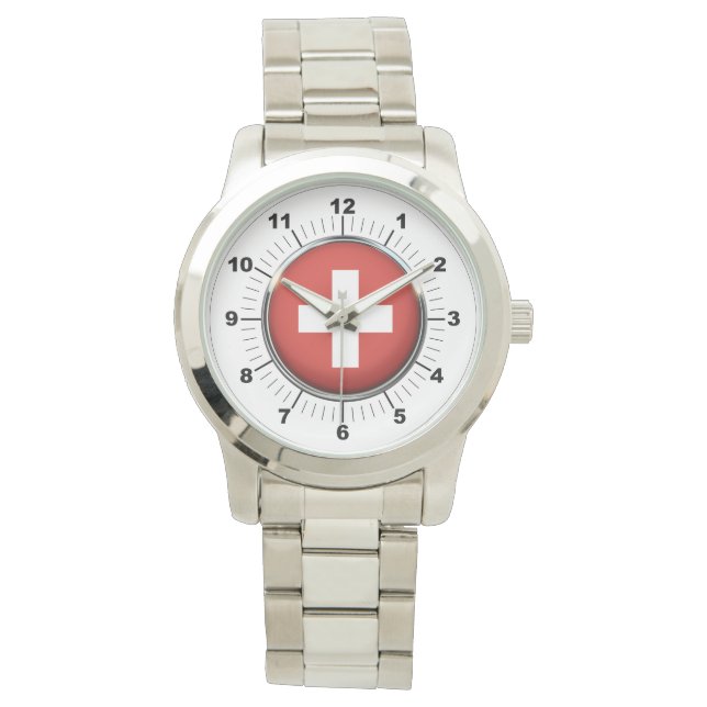 Manar Schweiz Flagga Oversized Silver Watch Armbandsur (Framsida)